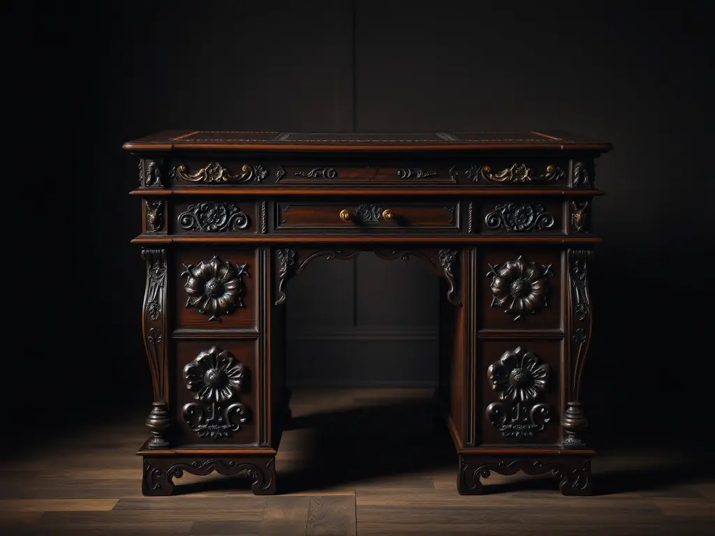 A close-up shot of a beautifully restored antique writing desk with intricate carvings, showcasing its craftsmanship and vintage appeal in the context of The Palace of Waco's antique furniture collection.