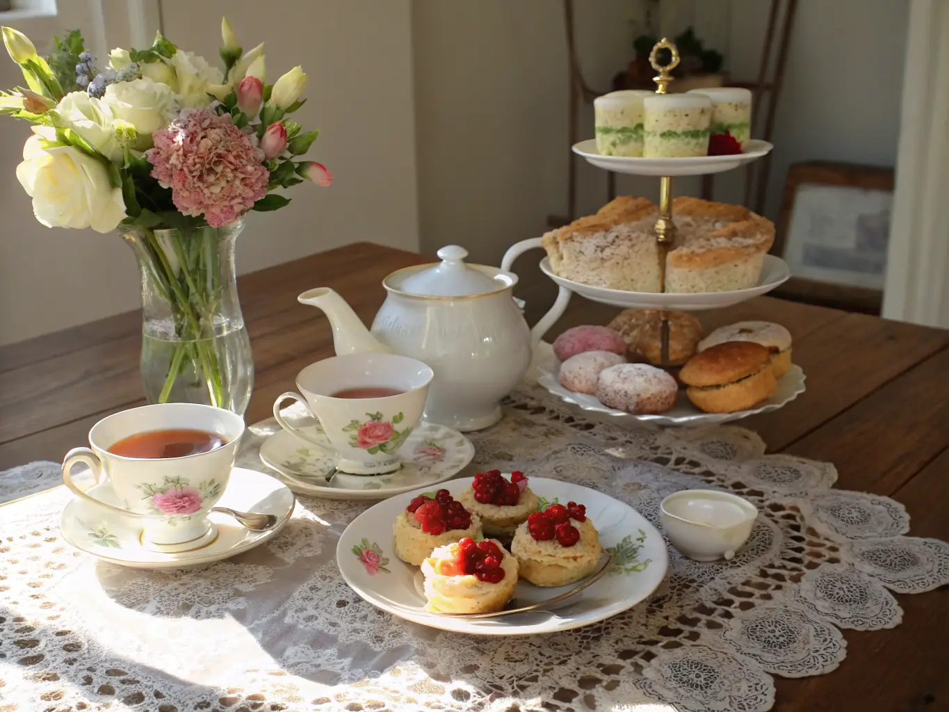 A beautifully decorated room set up for a themed tea party, with guests dressed in vintage attire, enjoying tea and pastries.