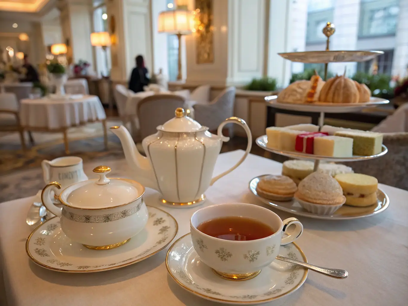 A beautifully set tea table with delicate china, scones, and various tea sandwiches, capturing the elegant ambiance of The Palace of Waco Tea Room.