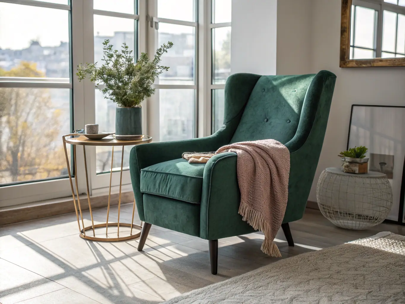 A vintage armchair upholstered in rich velvet, displayed in a cozy corner of The Palace of Waco, highlighting its comfort and classic design.