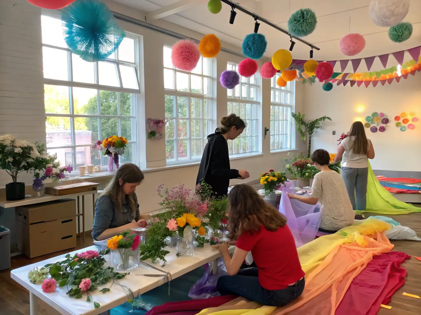 A group of people participating in a floral arrangement workshop, surrounded by flowers and crafting tools.