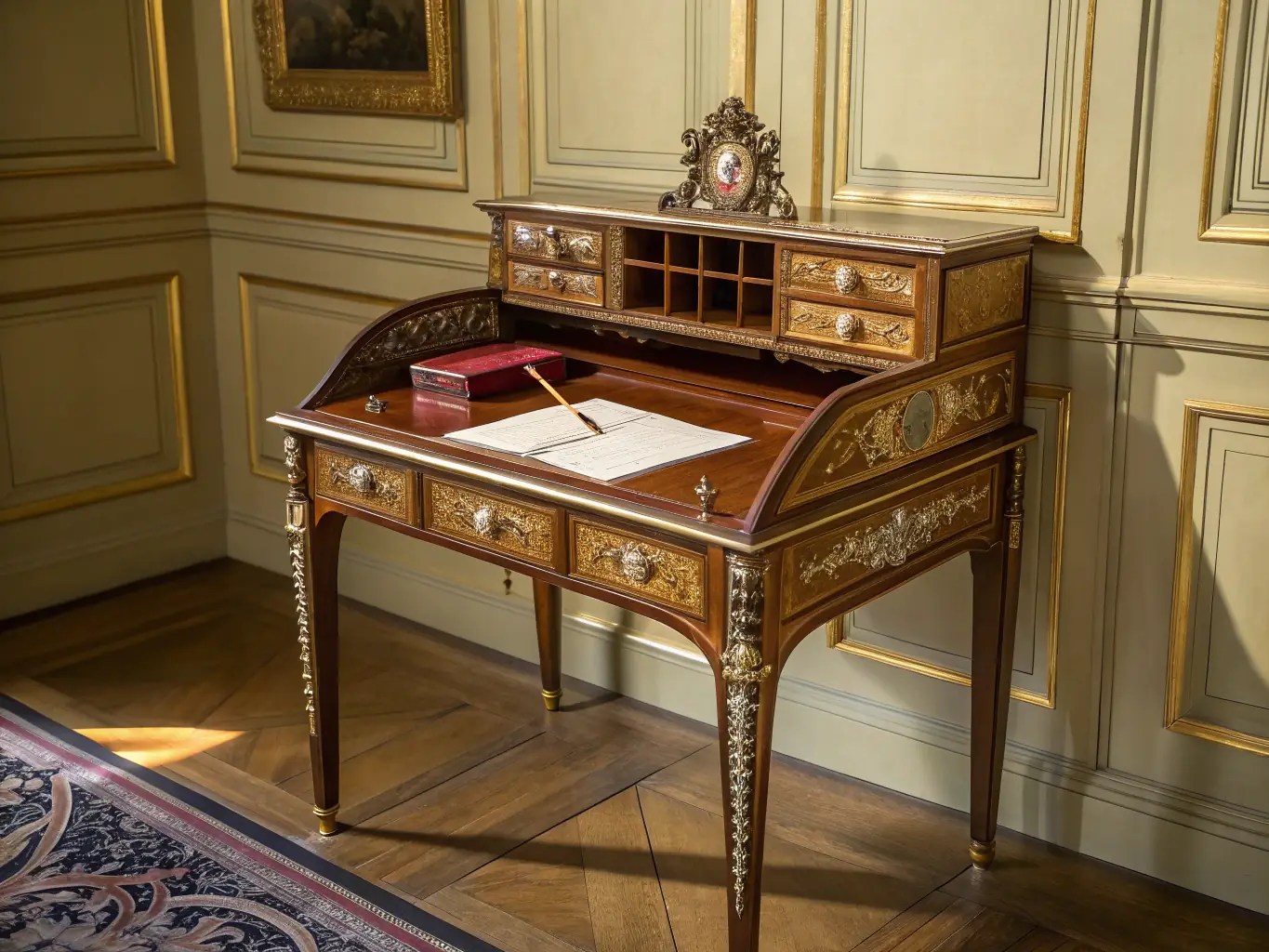 A close-up shot of an antique wooden writing desk with a leather top and ornate details, highlighting its craftsmanship and historical significance within The Palace of Waco's collection.