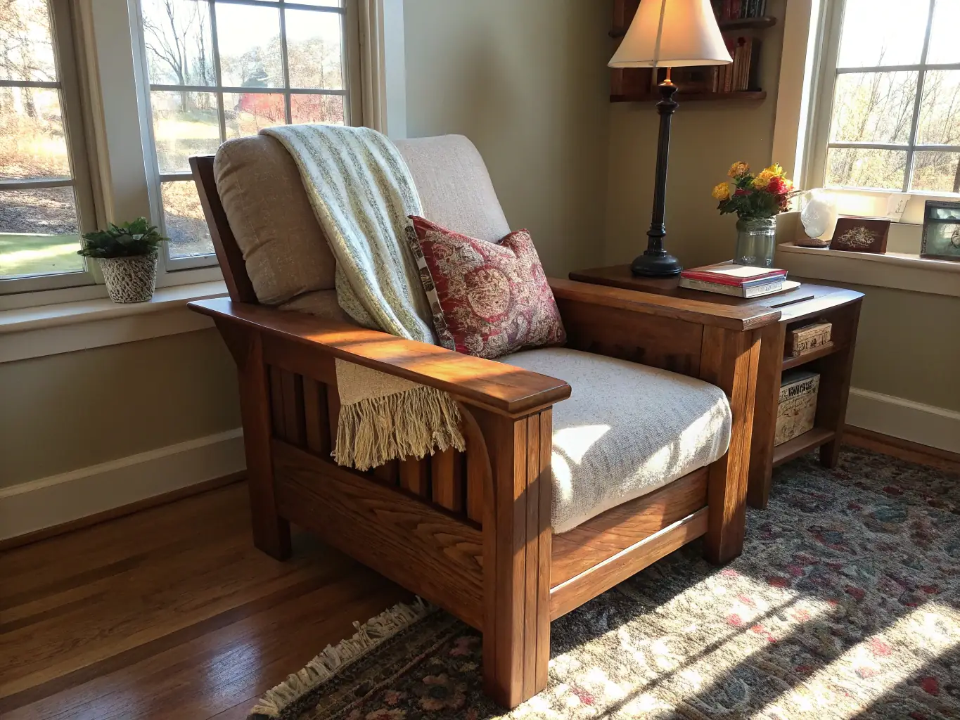 A beautifully restored Victorian-era armchair with intricate carvings, displayed in a sunlit corner of The Palace of Waco Tea Room, showcasing its elegance and vintage appeal.